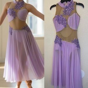 Custom solo dance costume purple mesh cutout leotard maxi dress rhinestoned MA